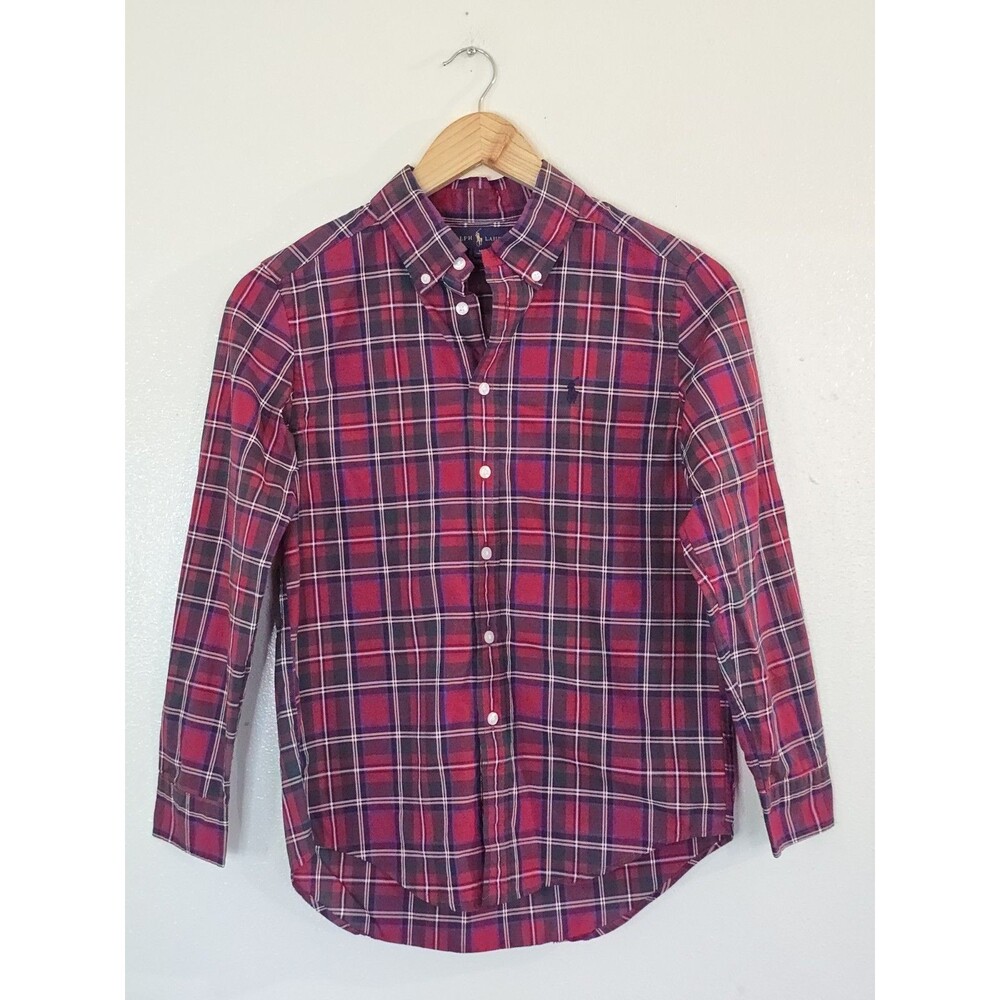 Ralph Lauren Boys Plaid Check Button Down Shirt Red Green Cotton Size M 10-12 - Picture 2 of 11